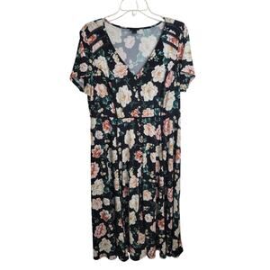 Torrid Black Pink Floral V-Neck Button Up Short Sleeve Midi Dress Plus Size‎ 1